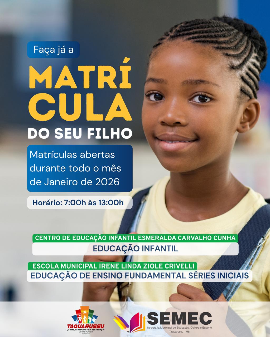 MATRÍCULAS ABERTAS NO CENTRO DE EDUCAÇÃO INFANTIL DE TAQUARUSSU